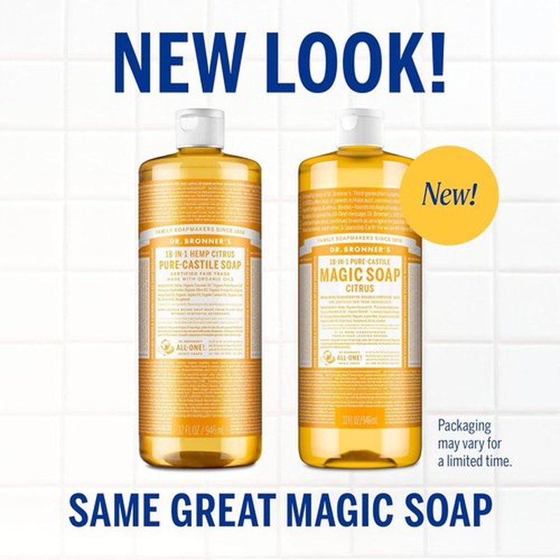 Dr. Bronner's Pure-Castile Liquid Soap | Citrus Scent, 32oz, 2-Pack - 18-in-1 Uses, Vegan & Organic