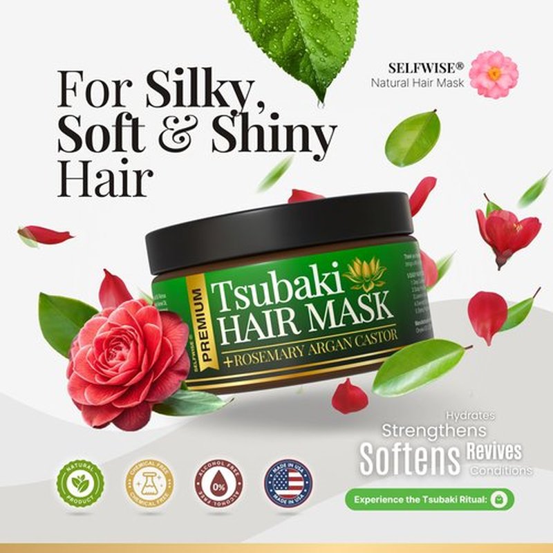 SELFWISE Premium Tsubaki Hair Mask – Luxurious Japanese Camellia, Argan & Rosemary Oil Blend – Deep Repair & Silken Shine for Dry, Damaged, or Color-Treated Hair 4oz