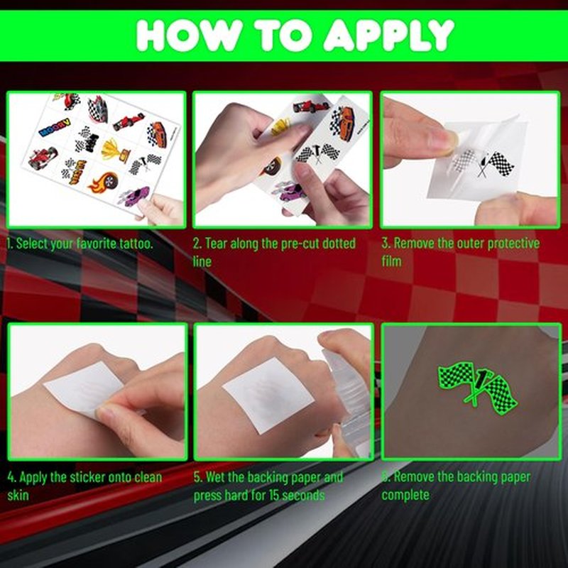 96 PCS Race Car Glow In The Dark Pre-Cut Temporary Tattoos Sticker Racing Checkered Flag Birthday Party Decorations Favors Supplies Gifts Boys Girls Cute Fake Tattoo School Prizes Theme (Luminous)