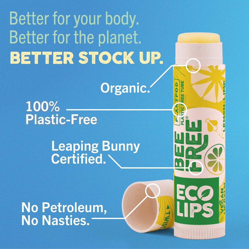 Vegan Lip Balm Lemon Lime Flavor 3 Pack - Bee Free with Candelilla Wax, Cocoa Butter & Coconut Oil Lip Care. Soothe & Moisturize Dry, Chapped Lips - 100% Plastic-Free Plant Pod Packaging - Made in USA