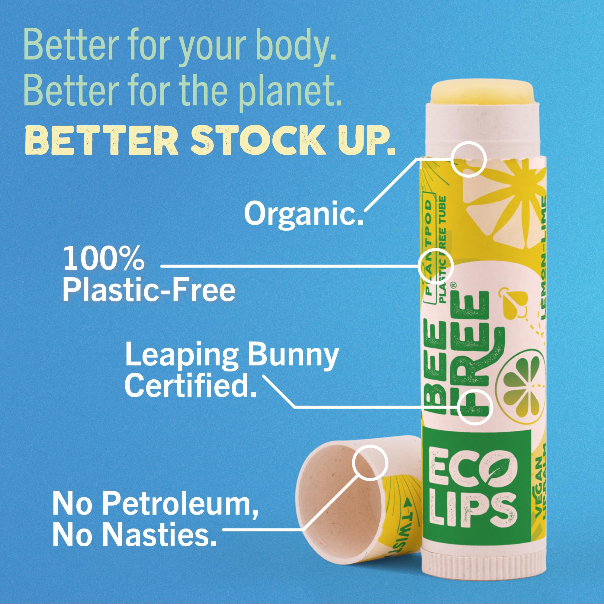 Vegan Lip Balm Lemon Lime Flavor 3 Pack - Bee Free with Candelilla Wax, Cocoa Butter & Coconut Oil Lip Care. Soothe & Moisturize Dry, Chapped Lips - 100% Plastic-Free Plant Pod Packaging - Made in USA