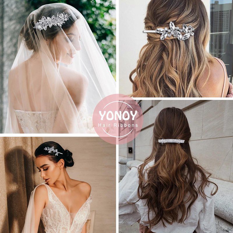 YONOY 4Pcs Rhinestone Hair Barrettes for Women Leaf Wedding Hair Pins Crystal Bobby Pins Silver Bridal Hairpin Clips for Brides Bridesmaids Flower Girls