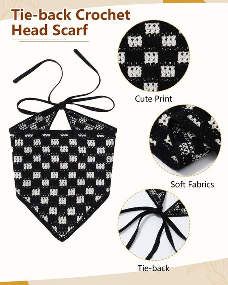 AWAYTR Crochet Head Scarf Hair Bandanas for Women Knit Bandana Headband Scarf Tie-Back Head Coverings Floral Headscarf for Girls (Black)