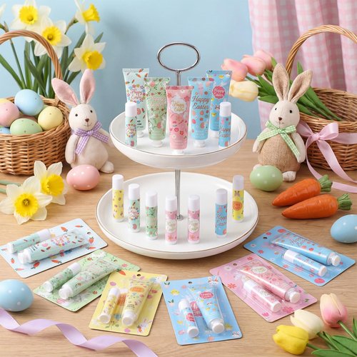 Loopeer 12 Sets Easter Gifts for Coworkers Gifts Bulk Happy Easter Hand Cream and Lip Balm for Women Travel Size Lotion Basket Stuffers for Adults Teachers Employees
