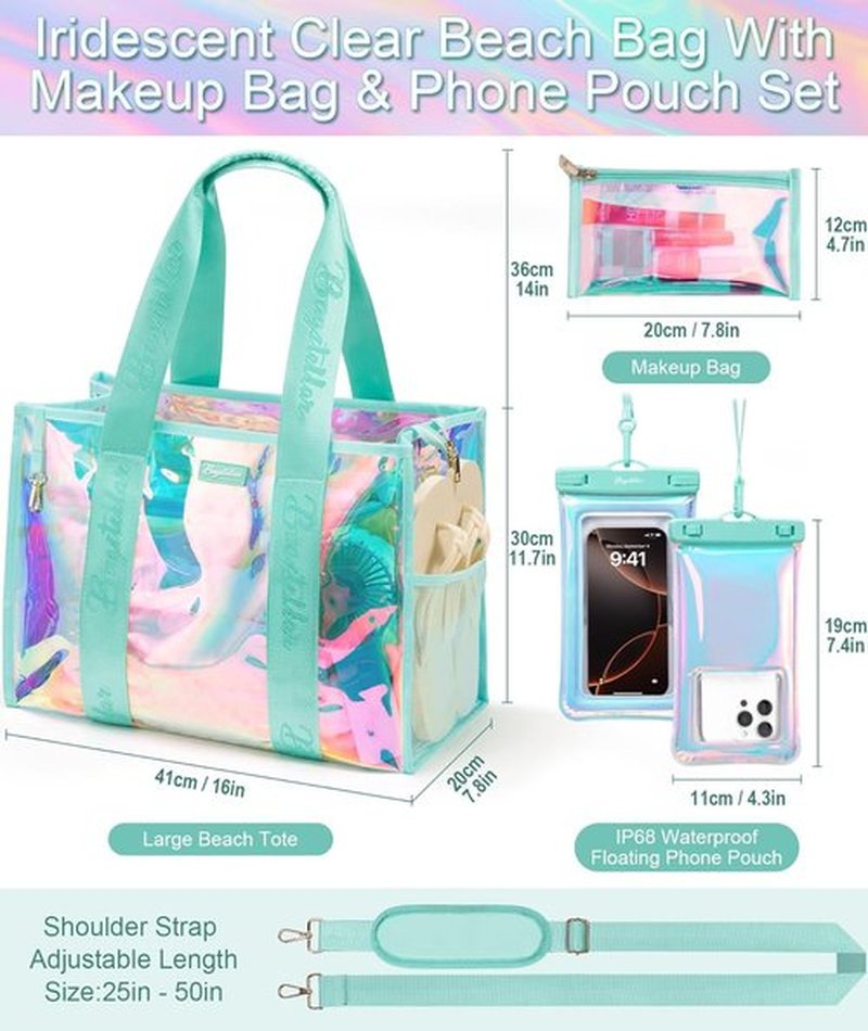 Bagstellar Iridescent Beach Tote Bag - Large Waterproof & Sandproof with Makeup Pouch | Adjustable Strap, Packable Travel Essential for Women