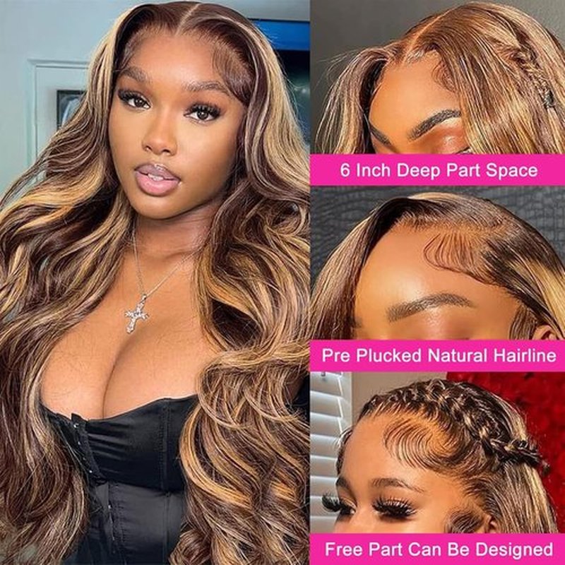 Mocwavy 13x6 Body Wave 200% Density Highlight Ombre Lace Front Wig Human Hair Glueless 24 inch HD Transparent 4/27 Honey Blonde Lace Frontal Wigs Human Hair Pre Plucked With Baby Hair