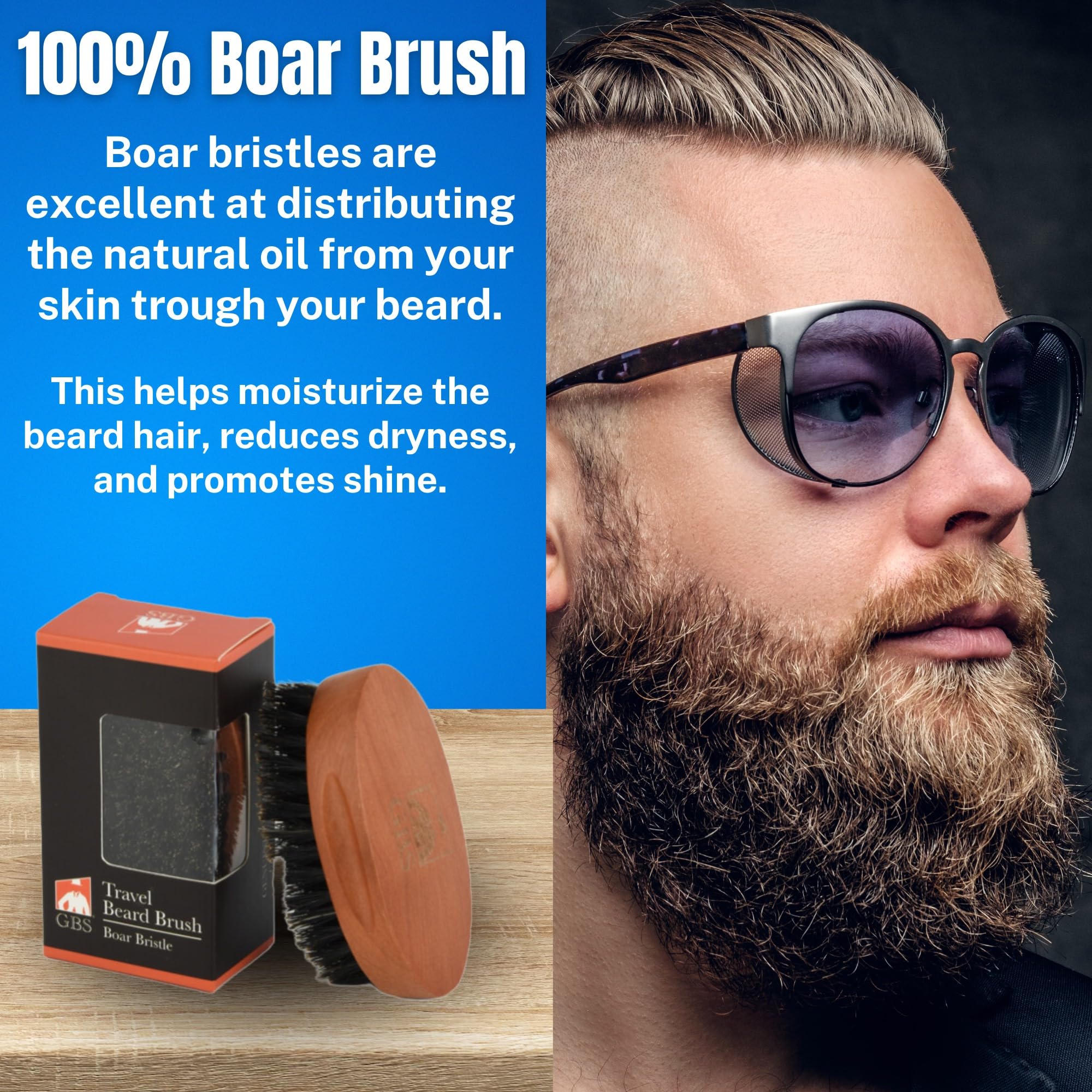 G.B.S 2 Pack Beard Travel Brush with Boar Bristles Great for Dry or Wet Beards Distributes Balm, Oil for Growth and Shine and Softness Professional Durable Camping