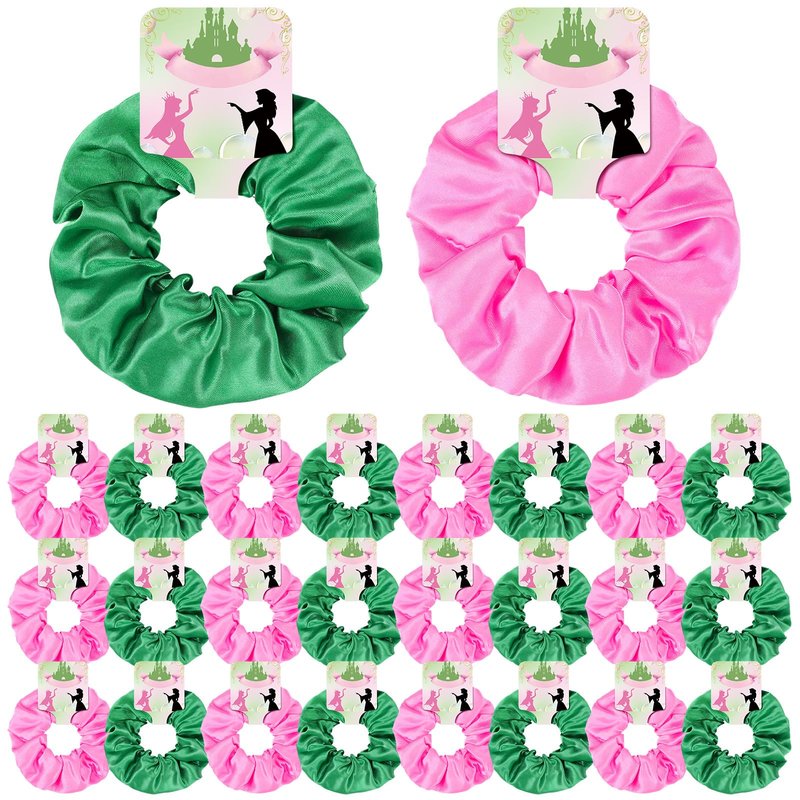 Yuxung 24 Pcs Pink and Green Silk Hair Scrunchies with Quote Card Witch Party Favor Soft Hair Tie, Ponytail Holder, Elastic Bobbles Ropes Hair Accessories Crown Witch Movie Fan Gift for Girls Women