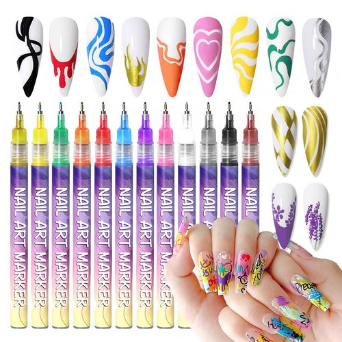 MKNZOME 12 Color Nail Art Pens, 0.5 MM Nail Polish Pens Set Drawing Painting Point Liner Acrylic Painted Pen Kit, Waterproof and Quick-drying Nail for DIY Nails Art Design Manicure Tools