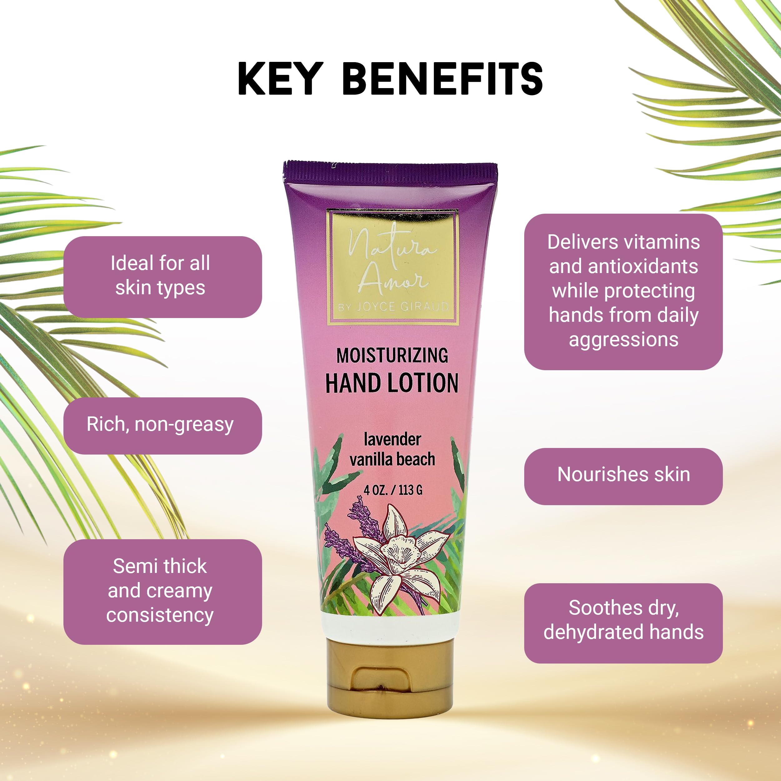 Miracle Elixir Collection Joyce Giraud Moisturizing Hand Lotion for Dry Hands, Lavender Vanilla Beach, Non-Greasy, 4 Oz