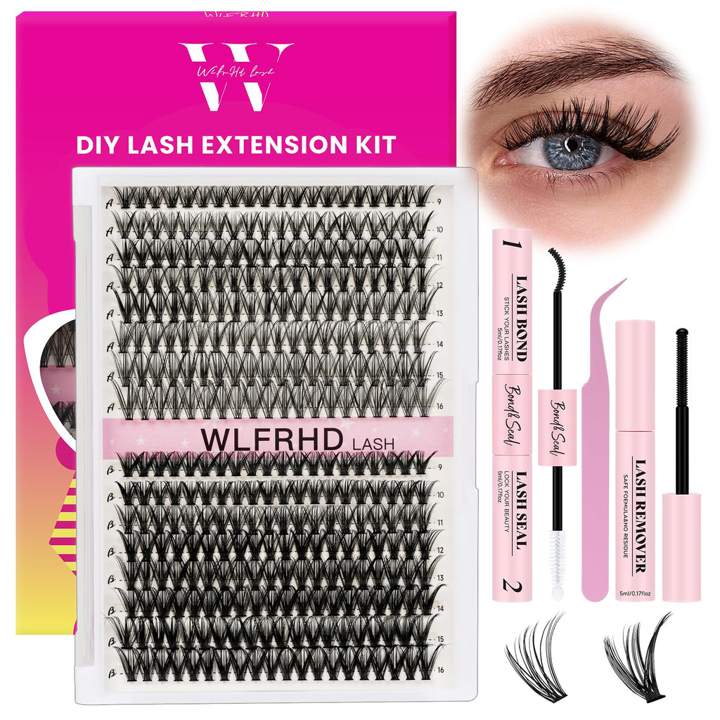 WLFRHD Lash Clusters Kit 320 Pcs D Curl DIY Natural Wispy Lashes Eyelashes Clusters Eyelash Extension Kit with Eyelash Bond and Seal, Remover & Tweezers (30D+40D, Mix9-16mm Kit)