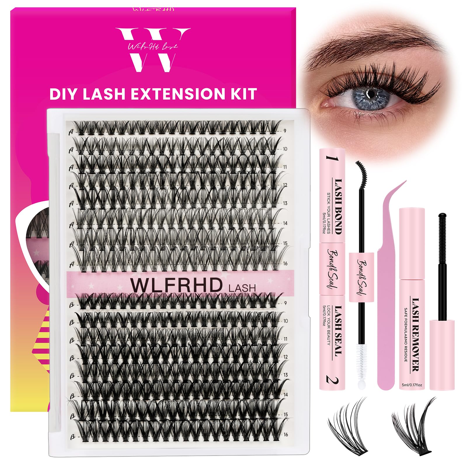 WLFRHD Lash Clusters Kit 320 Pcs D Curl DIY Natural Wispy Lashes Eyelashes Clusters Eyelash Extension Kit with Eyelash Bond and Seal, Remover & Tweezers (30D+40D, Mix9-16mm Kit)