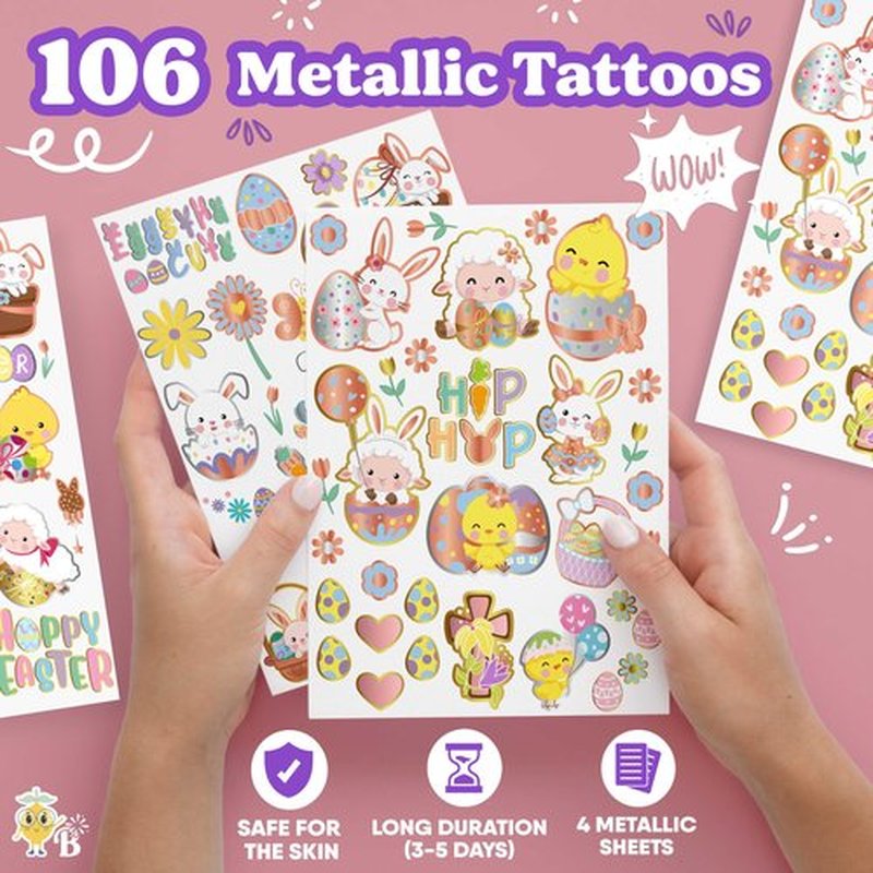 Easter Temporary Tattoos for Kids 100 Metallic Easter Tatoos, Easter Trinkets Non Candy Easter Egg Fillers Stuffers Bulk Giveaways Easter Basket Religious Goodie Bags Toys, Class Prize Party Favors