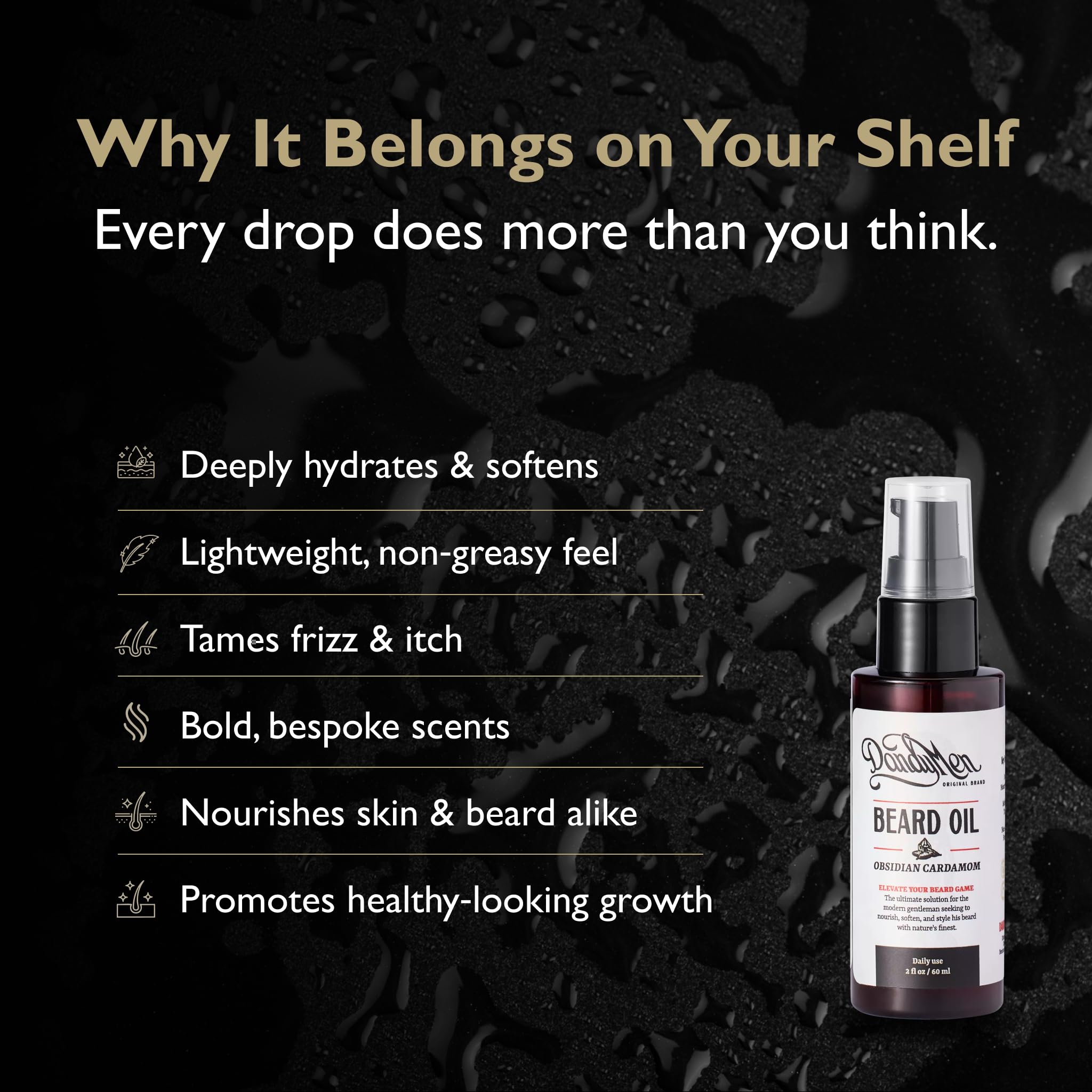 DandyMen Beard Oil for Men – Hydrating Beard Conditioner & Softener with Sweet Almond & Argan Oils – 2 oz, Obsidian Cardamom