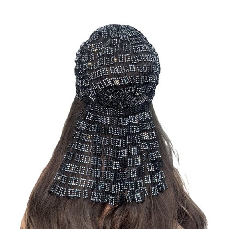 Munyee Hua Square Rhinestone Head Scarf for Women Bling Sparkly Hijab Stretchy Rave Turban Hat Handmade Headband Crystal Mesh Cap Hair Snood Nets Vintage Dress Concert Headpiece Black