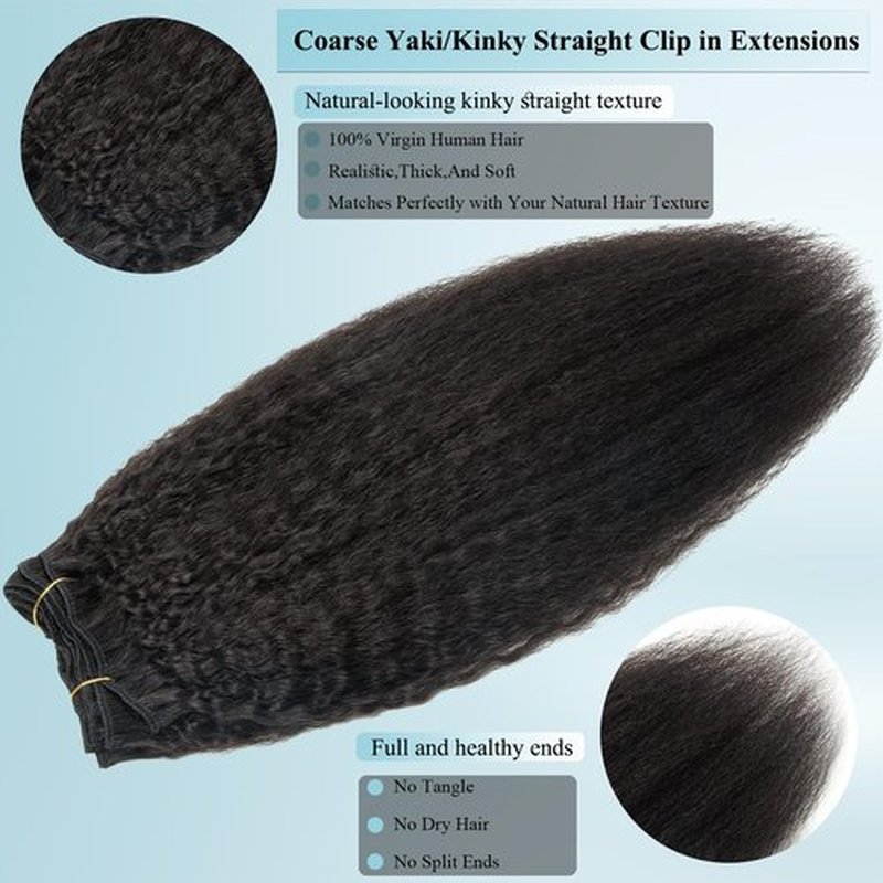 CiTake Kinky Straight Clip in Hair Extensions Real Human Hair 18 Inch 100g/8pcs Yaki Straight Clip ins for Black Women 10A Brazilian Virgin Human Hair Clip in Extensions Double Weft Natural Black