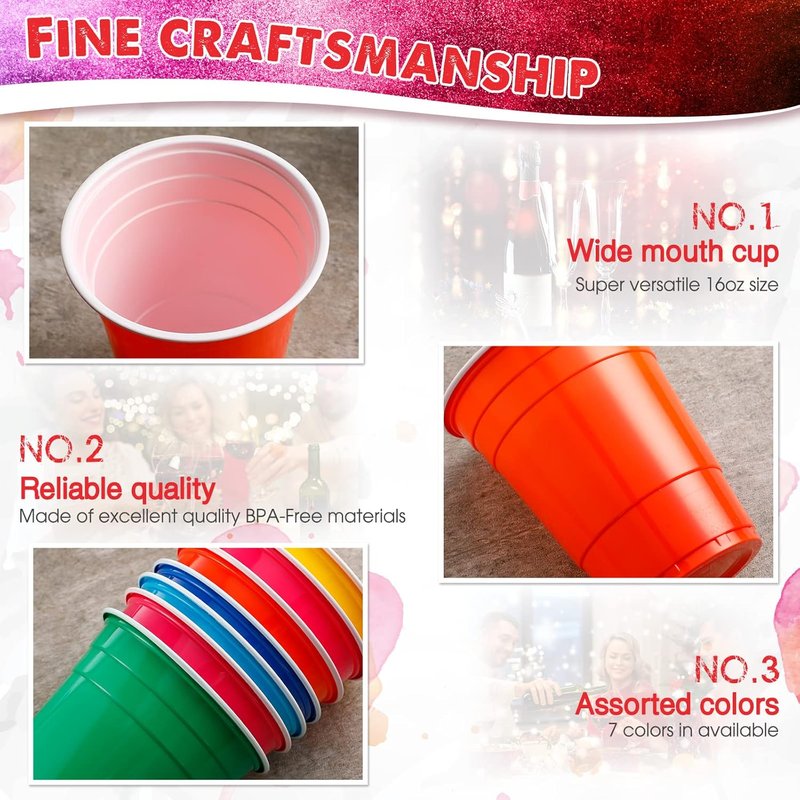 Xinnun 210-Pack Rainbow Disposable Plastic Cups - 16 oz Multi-Color Party Drinking Cups for Events