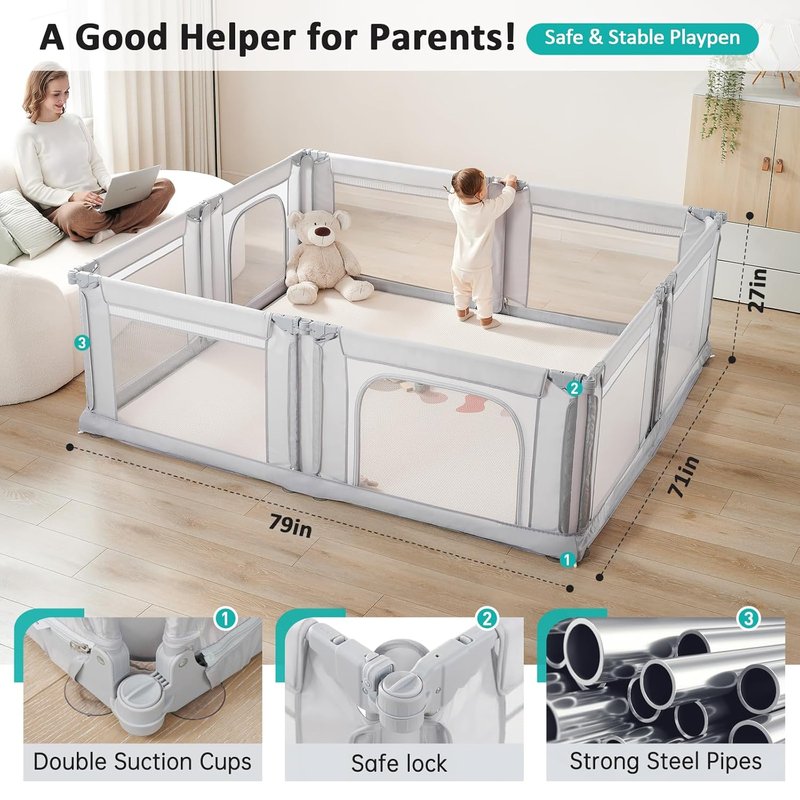 Doradotey Baby Playpen - Adjustable Large Playard for Babies & Toddlers | Foldable Indoor Play Center, Light Grey 180x200x68cm