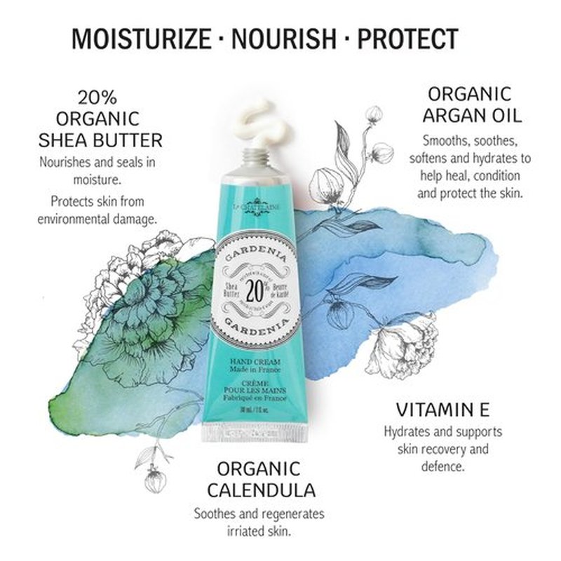 La Chatelaine Gardenia Soap & Shea Butter Hand Cream Gift Set - Natural & Organic | Decorative Tin (7 oz. Soap, 1 oz. Lotion)