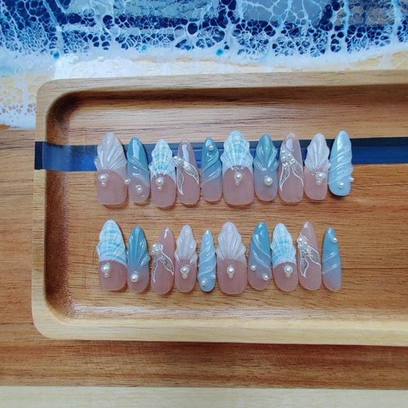 Gleamrain 3D Handmade Press on Nails Long Almond Handcrafted Nail Art with Designed Summer Beach Press Ons for Women and Girls /20 Piece Set