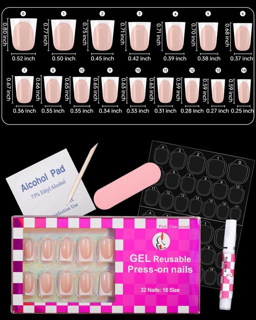 OIFEN 16 Sizes Short Duck Nails Press on, 32pcs Deep White French Tip Gel Nails for Women Manicure with Glue & Stick, Nude French