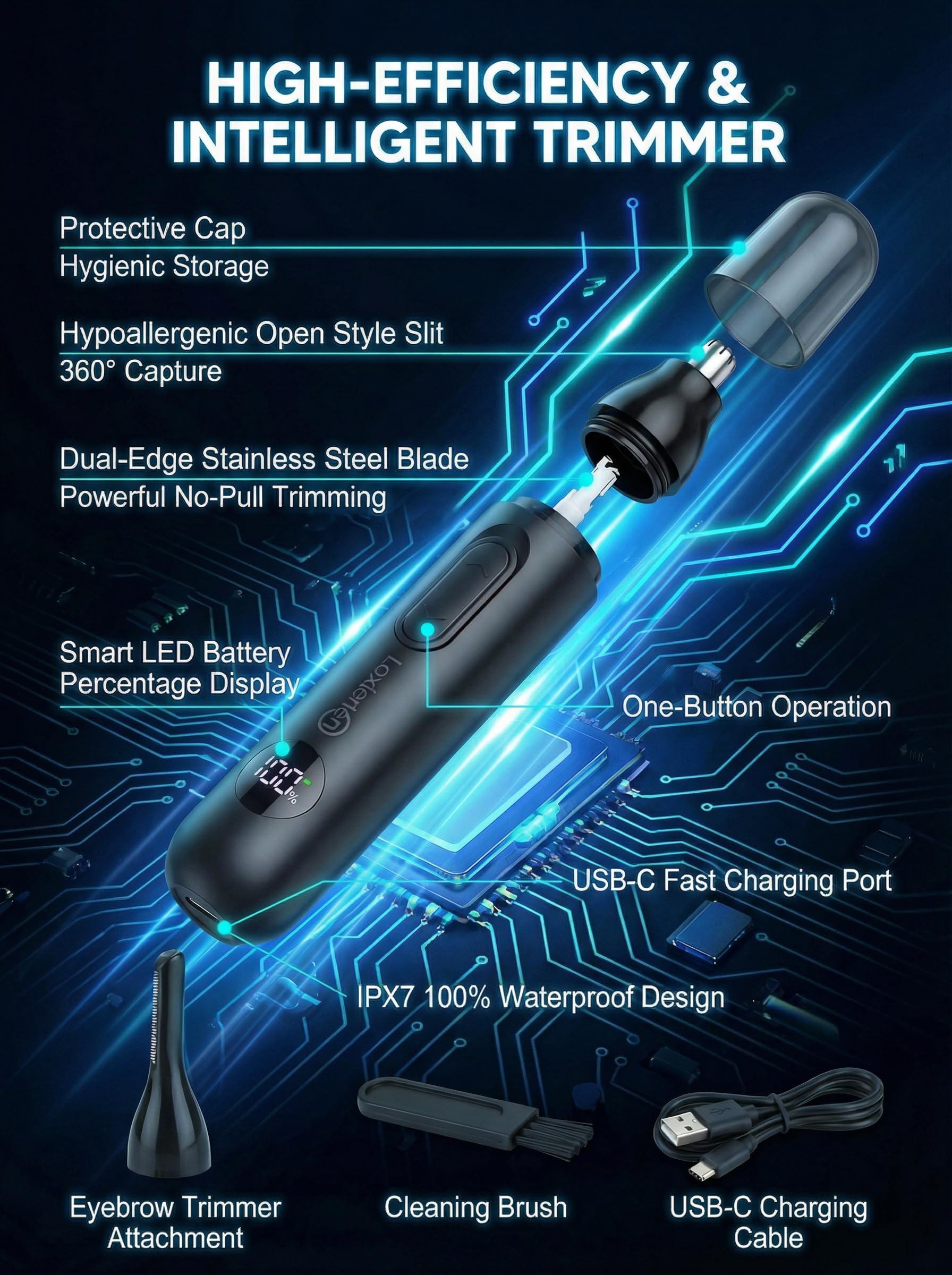 Lyncinque Nose Hair Trimmer for Men & Women - Waterproof USB Rechargeable Ear & Nose Trimmer, 360° Rotary Painless Facial Hair Trimmer with LED Monitor, Eyebrow & Beard Trimmer, Easy Clean, Quiet