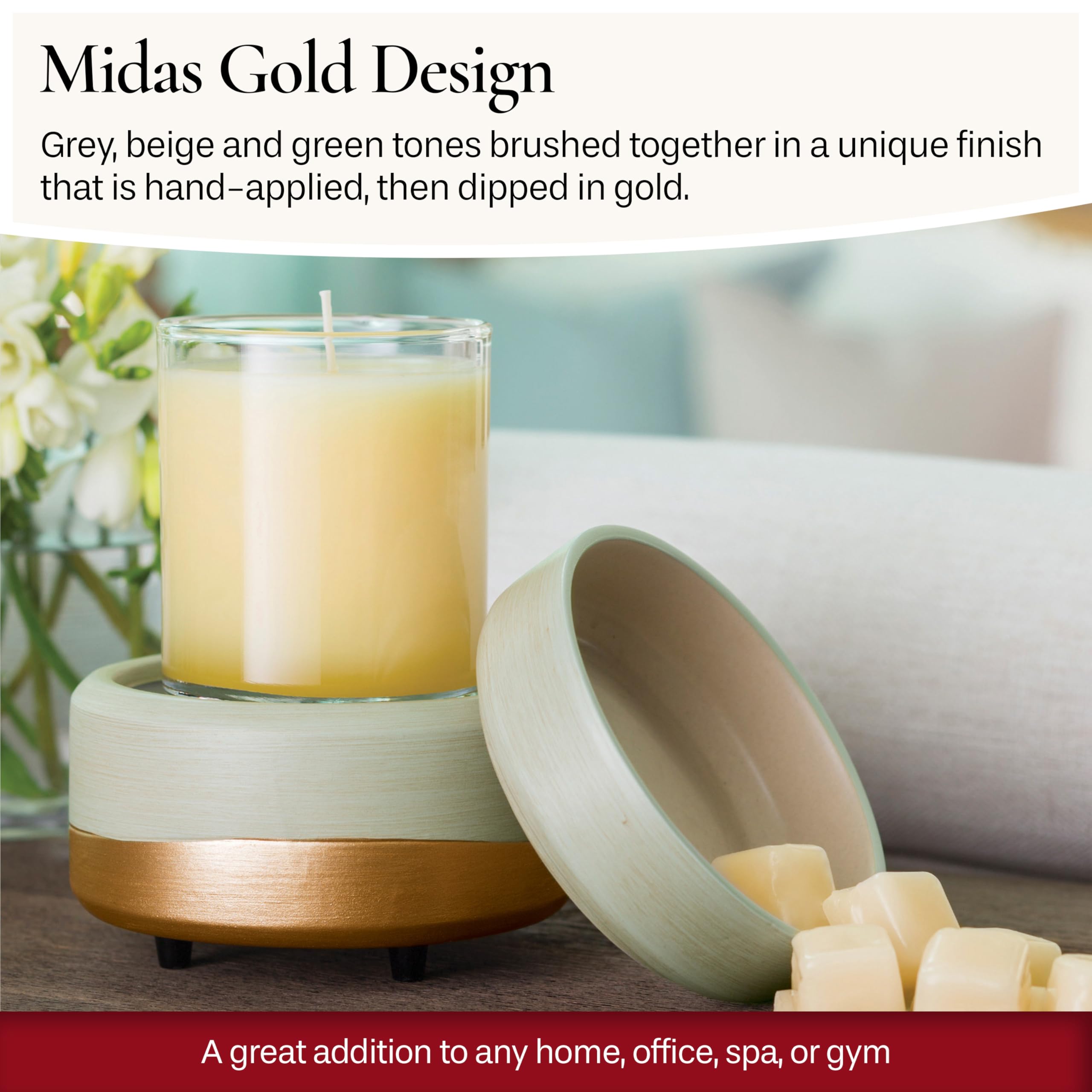 CANDLE WARMERS ETC 2-in-1 Candle and Fragrance Warmer for Warming Scented Candles or Wax Melts and Tarts with to Freshen Room, Midas