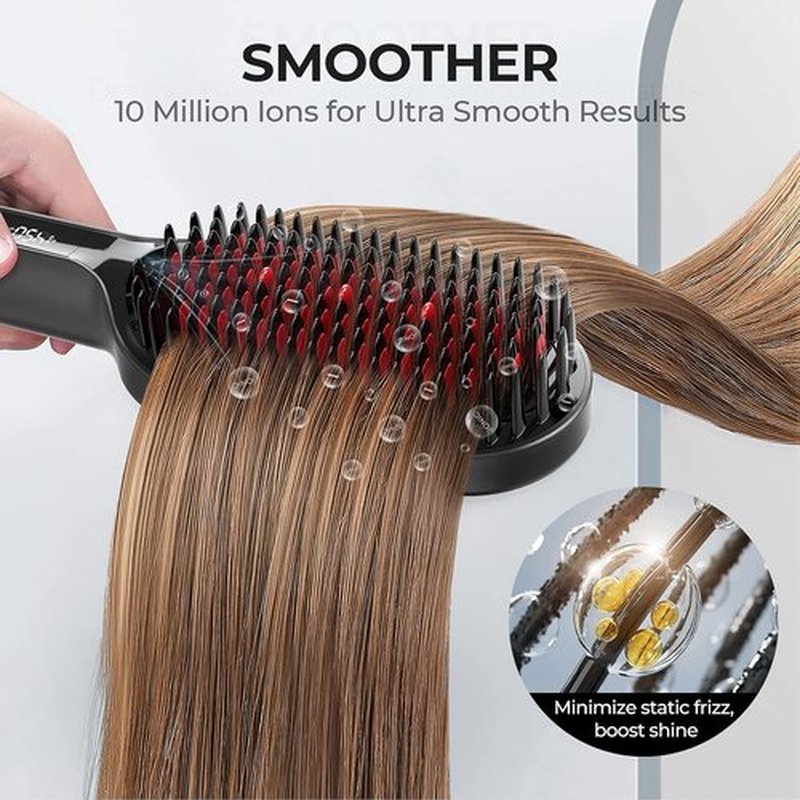 TYMO Hair Straightener Brush - Ionic Plus with 16 Heat Settings | Ceramic Hot Comb for Thick Curly Hair, Black
