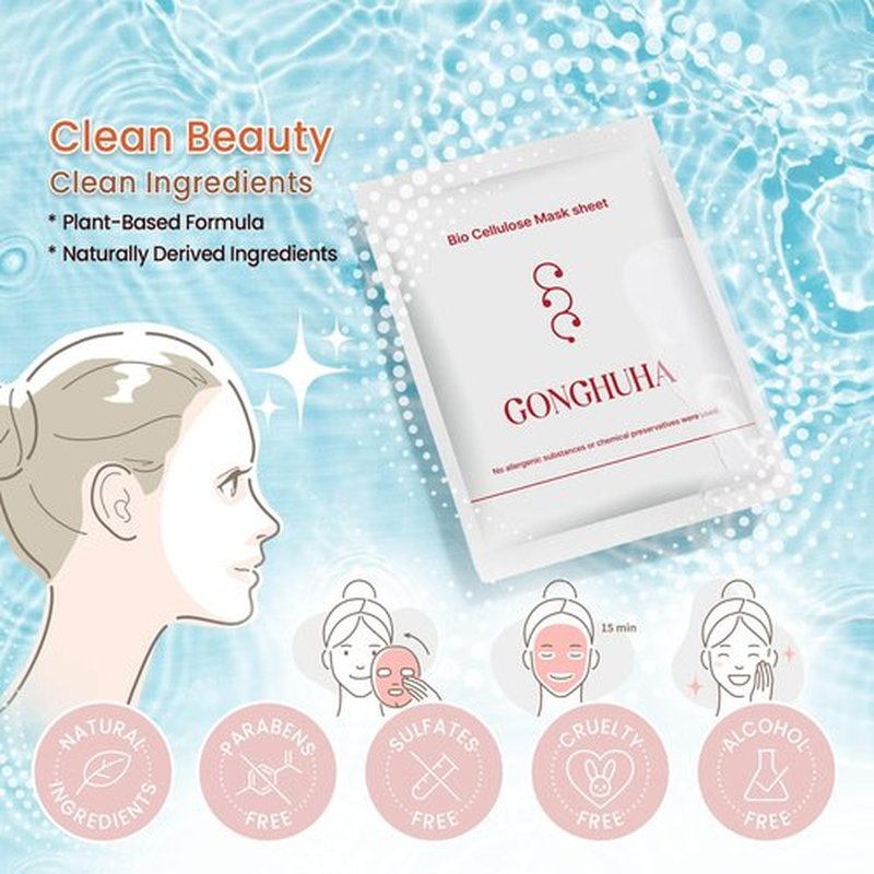 GONGHUHA Red Ginseng Bio Cellulose Face Mask - Deep Hydrating Sheet Mask with Honeysuckle & Cica - Soothing Korean Skincare for Glowing Skin - 5 Count Box