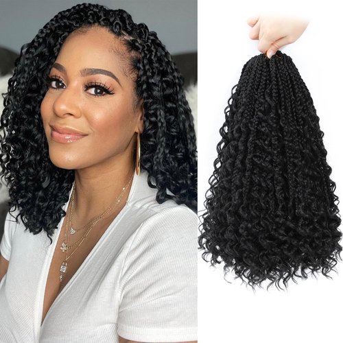 Karida 9 Packs Goddess Box Braids Crochet Hair 12 inch, Pre Looped Crochet Boho Box Braids With Curly Ends Crochet Hair For Black Women (12 Inch, 1B#)