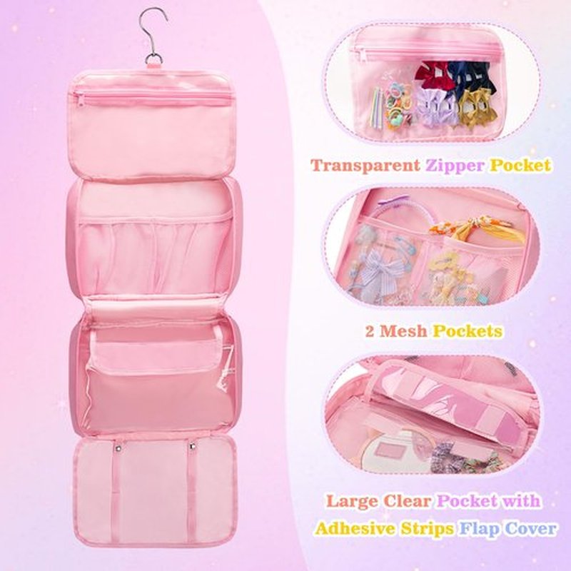 GRAOSO Hanging Hair Accessories Organizer for Baby Girls, Hair Bow Storage Bag, Travel Hair Stuff Case for Hair Clips, Hair Ties, Headbands, Scrunchies, Pink (Bag only)