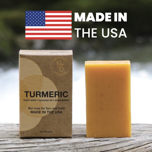 Amphibian Organics Turmeric Kojic Acid Soap Bar with Coconut Oil, Shea Butter & Essential Oils – Handcrafted in USA, Vegan Natural Face & Body Bar for All Skin Types, 4oz