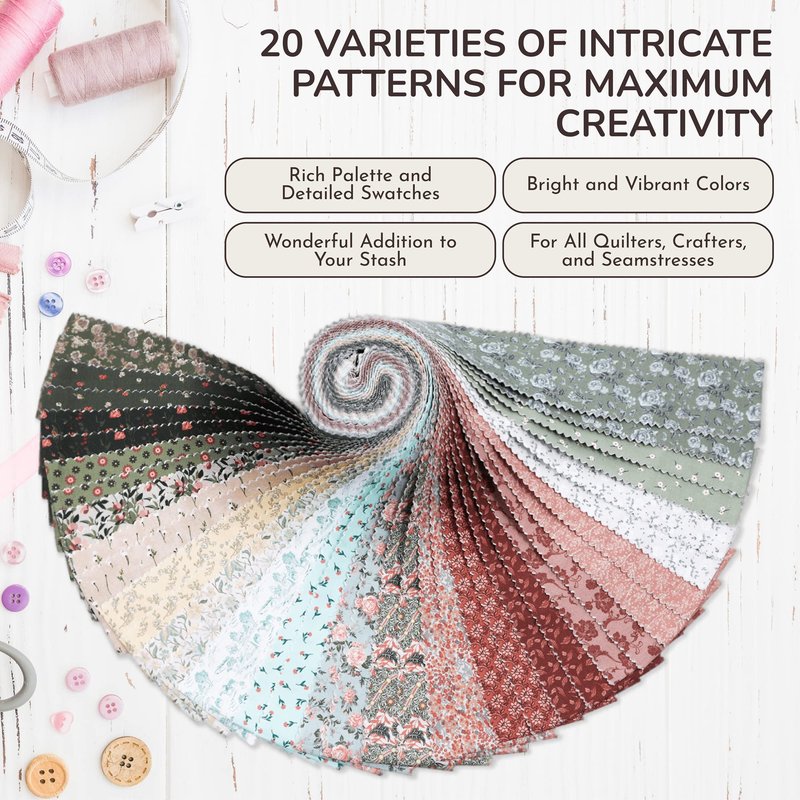 Tinyspool & Co.'s Twirlie Roll 40 Precut Quilting Fabric Strips for Quilting Supplies, Crafting, and Sewing, Soft Cotton Strip for Blanket, Rug, Upholstery, Home Decor, and Purse Making, Cottagecore