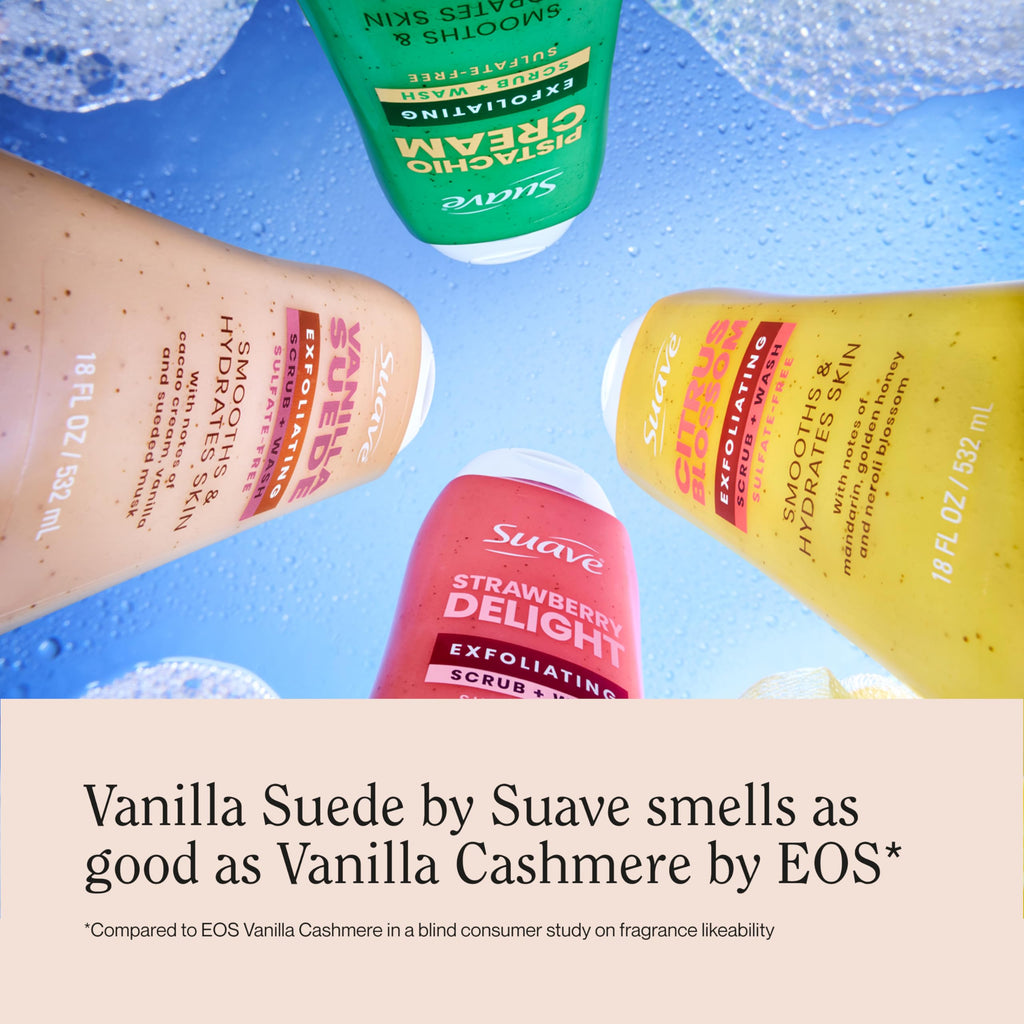 Suave Vanilla Suede Exfoliating Body Wash & Scrub with Glycerin & Vitamin E, Sulfate-Free Hydrating Cleanser for Soft, Smooth Skin, 18 FL OZ