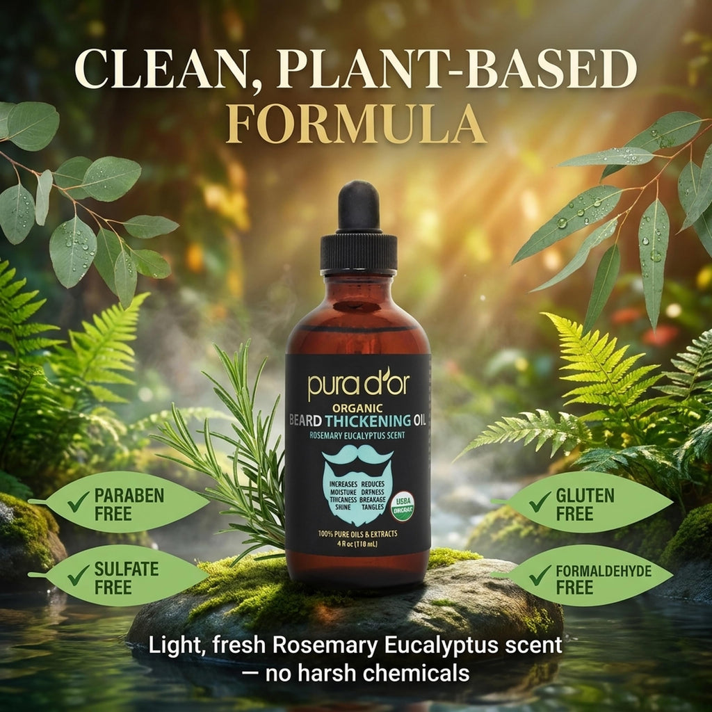 PURA D'OR 4 Oz Thickening Beard Oil – Moisturizing Blend with Rosemary, Biotin & Castor Oil – Increases Moisture, Thickness and Shine - Reduces Dryness and Breakage