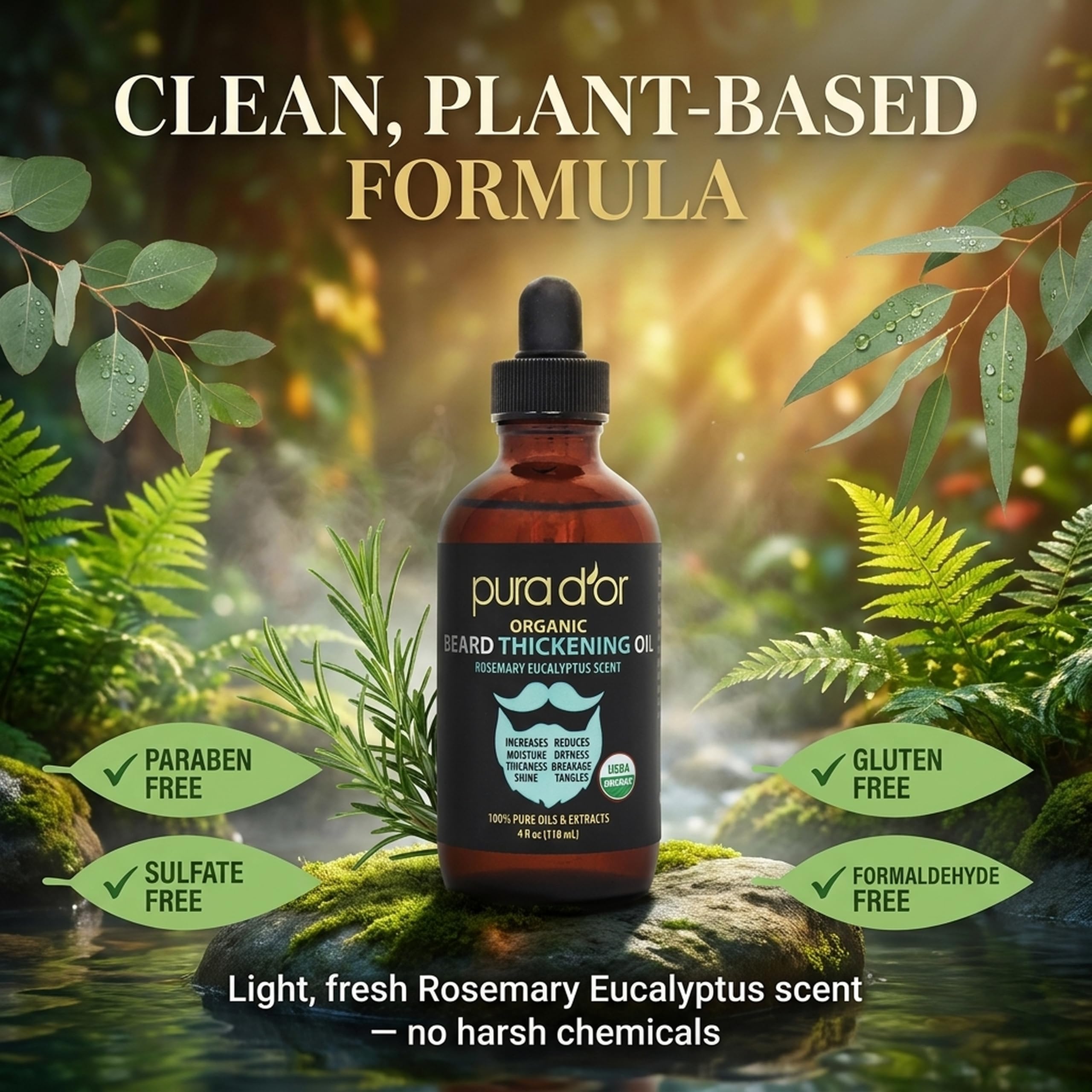 PURA D'OR 4 Oz Thickening Beard Oil – Moisturizing Blend with Rosemary, Biotin & Castor Oil – Increases Moisture, Thickness and Shine - Reduces Dryness and Breakage
