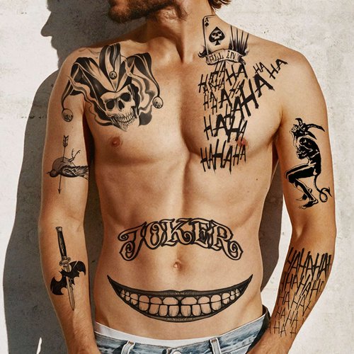 GOROMON 6 Sheets The Joker Temporary Tattoos For Halloween Makeup Kit, Suicide Squad Joker Tattoos Stickers For Women Men Adults, Damaged Tattoo Joker Hand Smile Face Poker Prisoner Costume Skull Set
