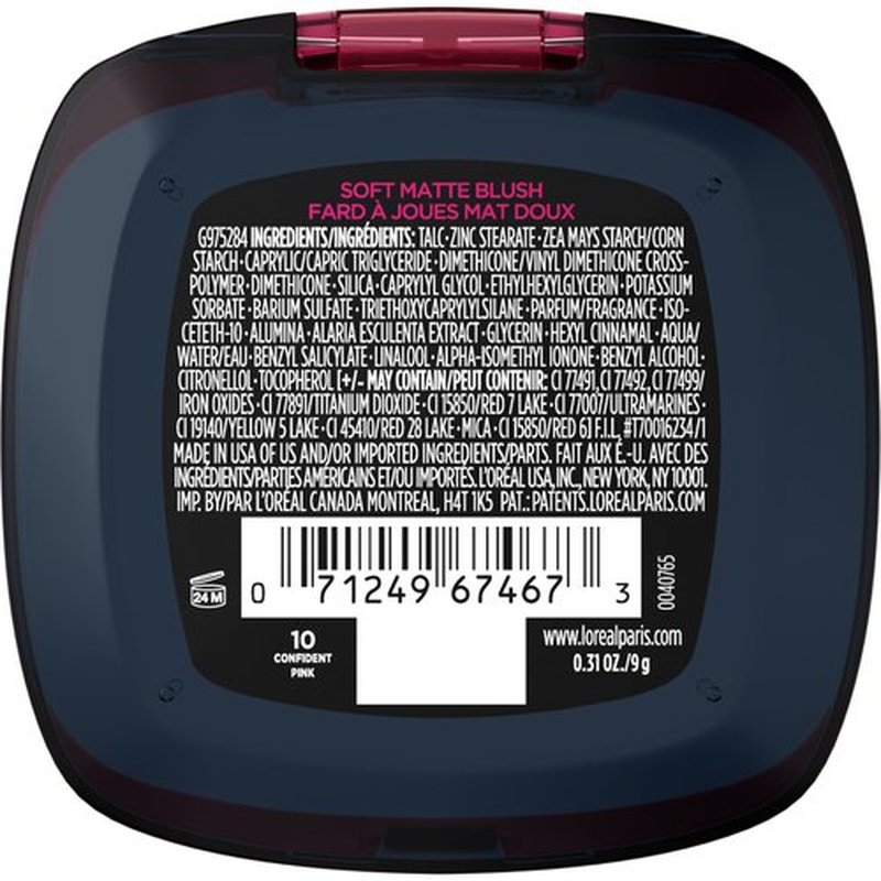 L'Oreal Paris Infallible Up to 24H Fresh Wear Soft Matte Blush, Blendable, Long-Lasting and Waterproof Cheek Make Up, Confident Pink 10, 0.31 Oz