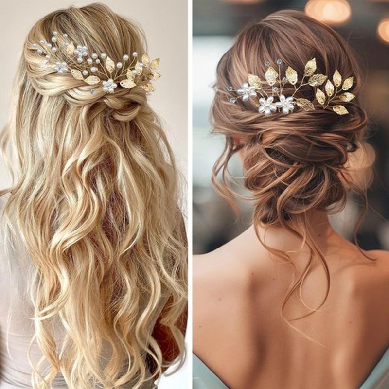 Mulzile 6 Pieces Bridal Wedding Hair Pins Gold Leaf Hair Pins Clips Crystal Pearl Flower Headpiece Vintage Wedding Hair Accessories for Brides Bridesmaids Women Girls