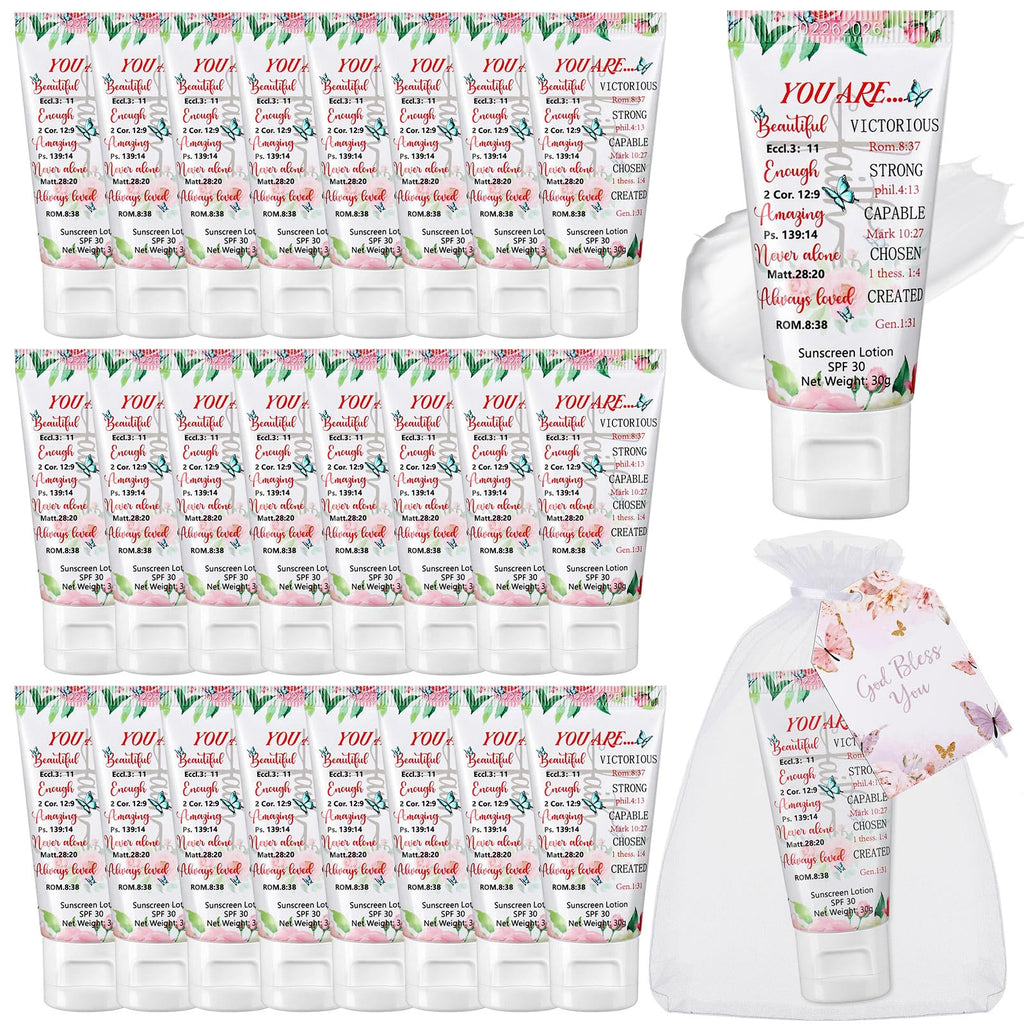 Leelosp 24 Sets Christian Mini Sunscreen Bulk Religious Gifts with Bible Verse Cards, Spf 30 Water Resistant Sunscreen Lotion 1oz, Christian Gifts for Women Mom Teacher Nurse Wedding Party Favors