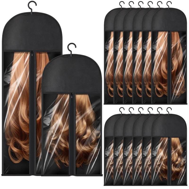 Wowangce 14 Pcs Extra Long Hair Extension Storage Bag with Hanger, Two Sizes Wig Storage for Multiple Wigs, Dust Proof Hanger for Home Travel Closet Wigs, Hair Extensions, Accessories, Black
