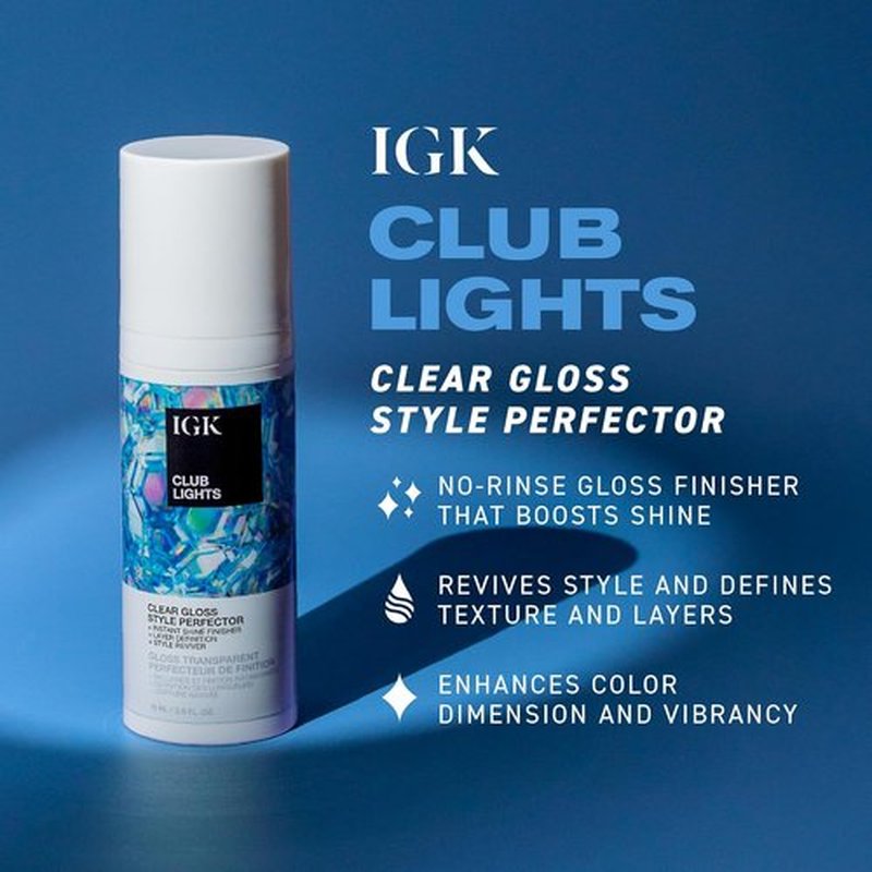 IGK Club Lights Clear Gloss - Instant Shine Style Perfector & Reviver | 2.5 Fl Oz