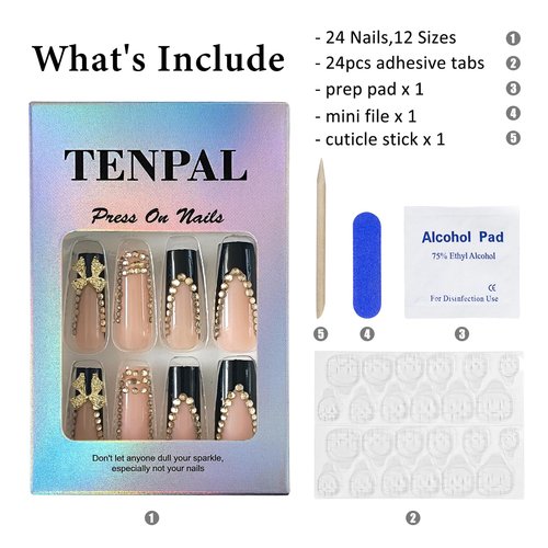 TENPAL Long Square Press On Nails,Shimmery French Tip Designs Gold Black Fake Nails,Full Rhinestone/Zebra Striped Edges/Alloy Bow False Nail Tips,24pcs Reusable Artificial Nails Kits,Sweet Y2k Nails