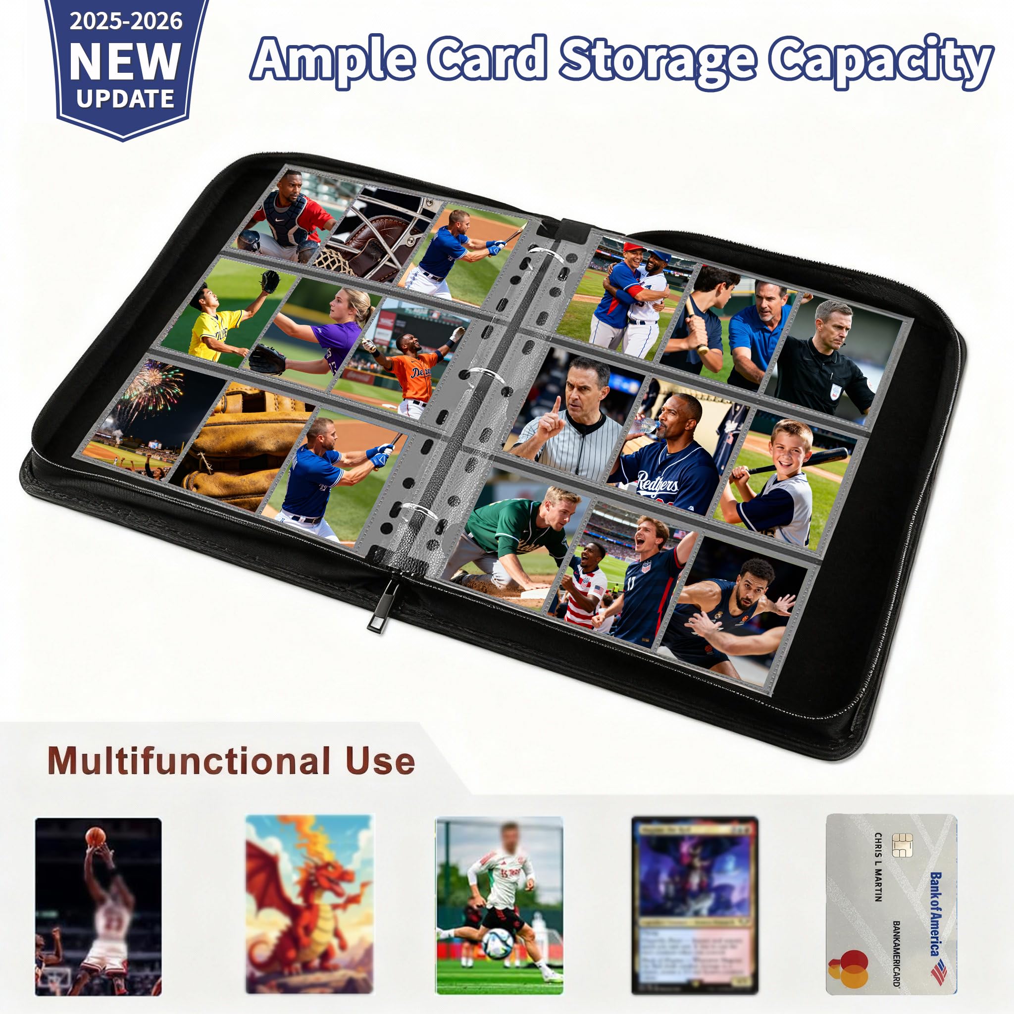 Baseball Card Binder – 900 Pockets Album with Zipper & Wrist Strap | Collector Binder for Sports & Baseball Cards for Sports,TCG,Game,Trading Cards | Durable Travel-Friendly Design 2025-2026