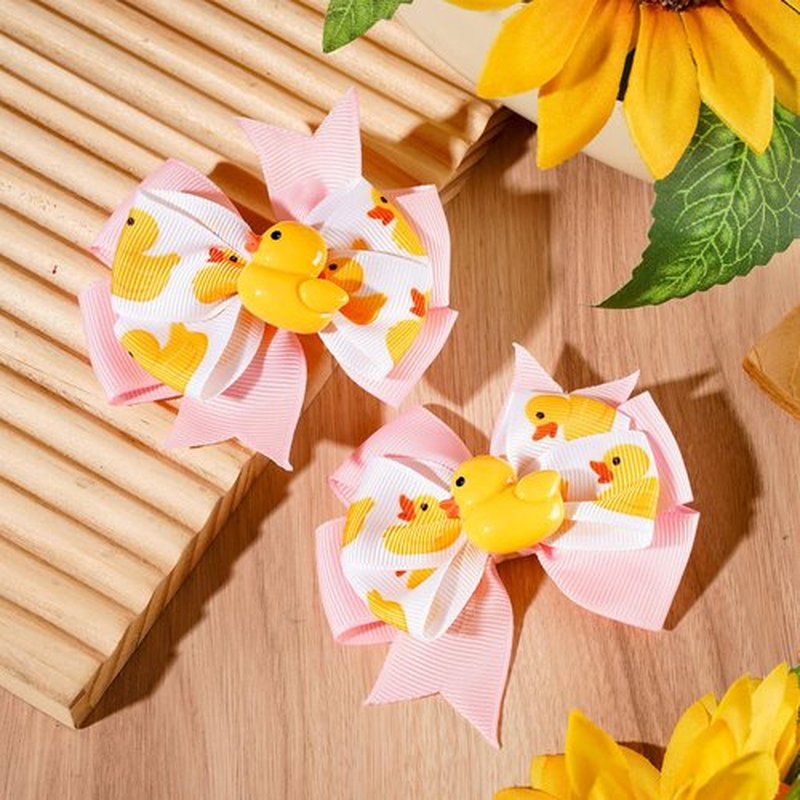 FYSUIMU 2Pcs Duck Hair Bow Clips Grosgrain Ribbon Alligator Clips Pink Rubber Duck Hair Barrettes for Home Birthday Party Women Hairstyle Accessories