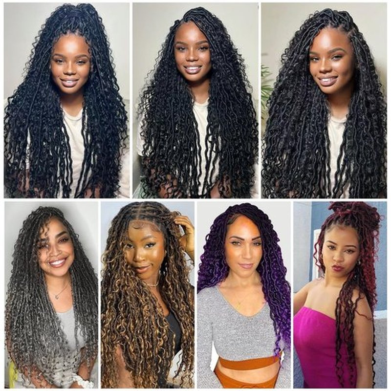 1B/Blue Boho Faux Locs Crochet with Curly Ends 8 Packs Goddess Locs Crochet Hair Pre Looped Crochet Braids Synthetic Hippie Hair Extentions (1B/Blue,18 Inch)