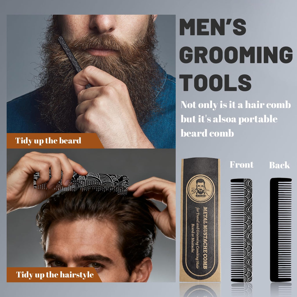 Metal Beard & Mustache Comb - Pocket Comb with 3D Pattern Design, Fine & Wide Teeth for Precise Styling - Durable, Compact, Travel-Friendly Grooming Tool for Facial Hair Care (4.65inch) - Cloud