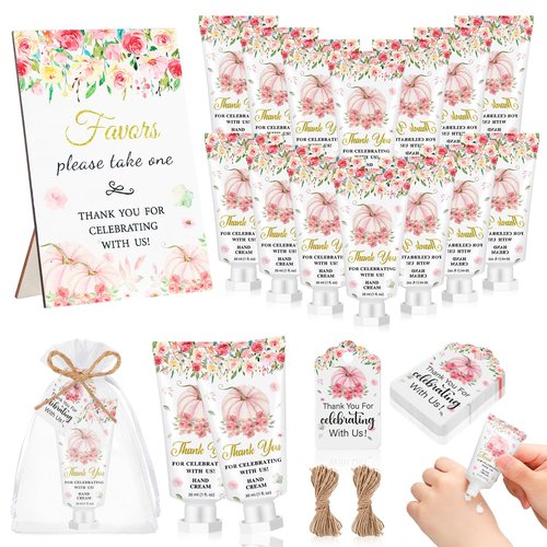 Dansib 48 Sets Fall Hand Cream Bulk Gifts for Guest Baby Shower Party Favors Travel Size Pumpkin Hand Cream with Thank You Cards for Autumn Thanksgiving Party Supplies(Pink Pumpkin)