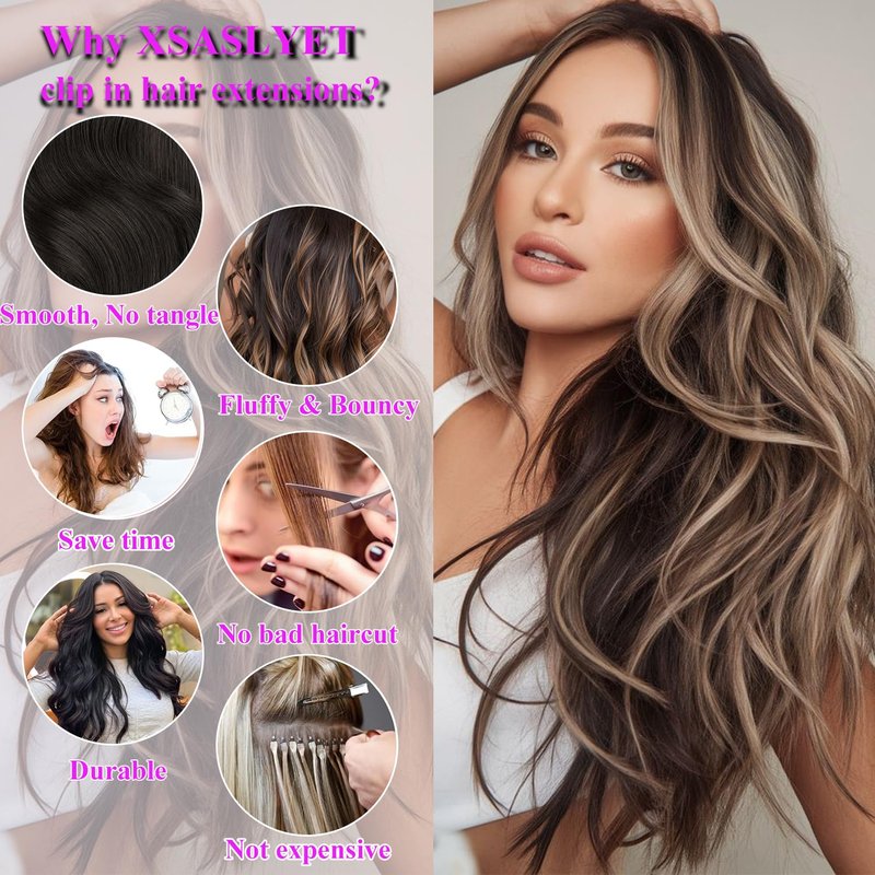 XSASLYET 24 Inch Clip in Hair Extensions 4 Pcs - Curly hair Extensions Clip Ins, Soft Natural Look Synthetic Fiber, Lightweight, Long Use with Secure Invisible Clips, Daily Wear(1B)