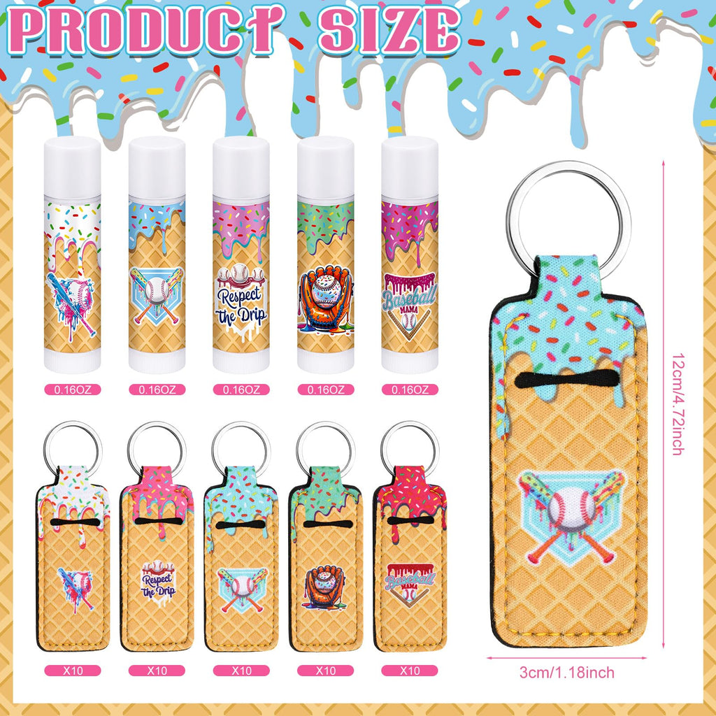 Siifert 100 Pcs/50 Set Ice Cream Baseball Drip Party Favor Gifts Bulk, Baseball Drip Lip Balms with Lipstick Holder Keychain Bags Favors for End of Season Sports Team Teen